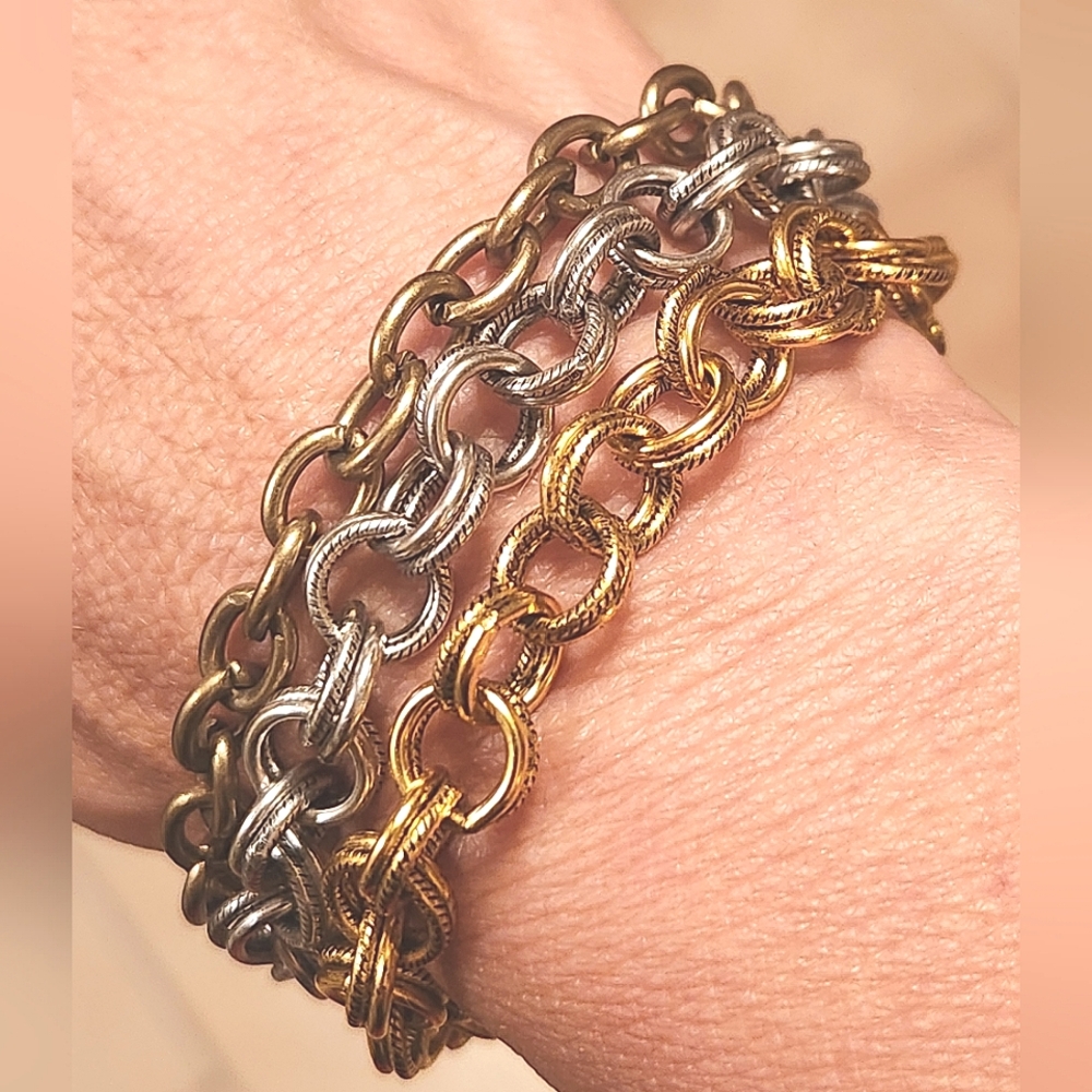 Macy's Set of 8" Double Link Charm Bracelets w/Bonus 8.5" Brass Link Bracelet